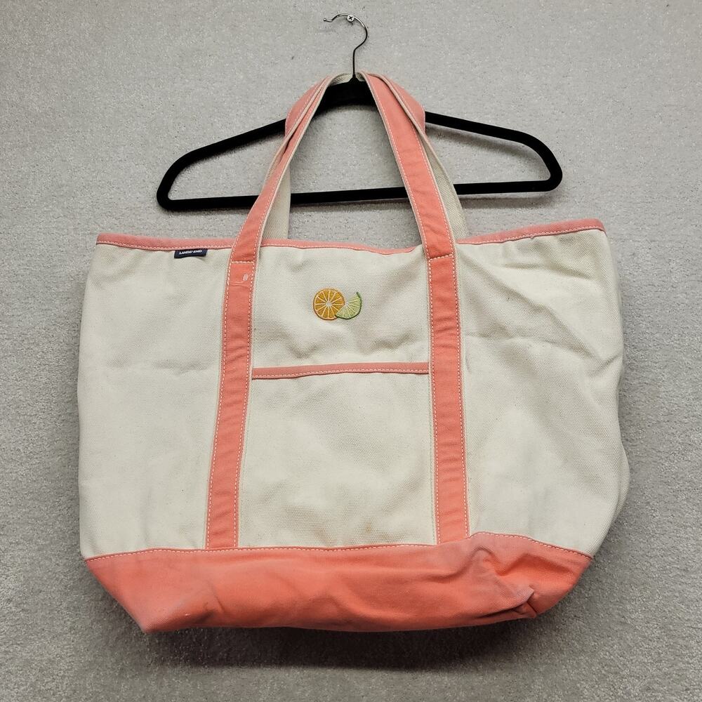 Lands’ End Canvas XL Tote Bag Coral Orange Citrus Embroidered Large Carryall